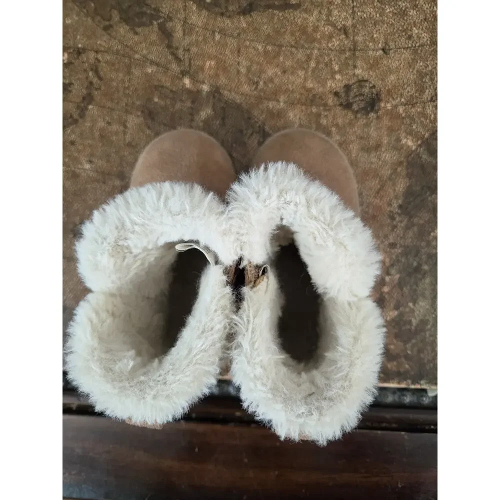 Baby Faux Suede Bootie Boots Faux Fur Lined Trim Bow Slip On Brown/White 5